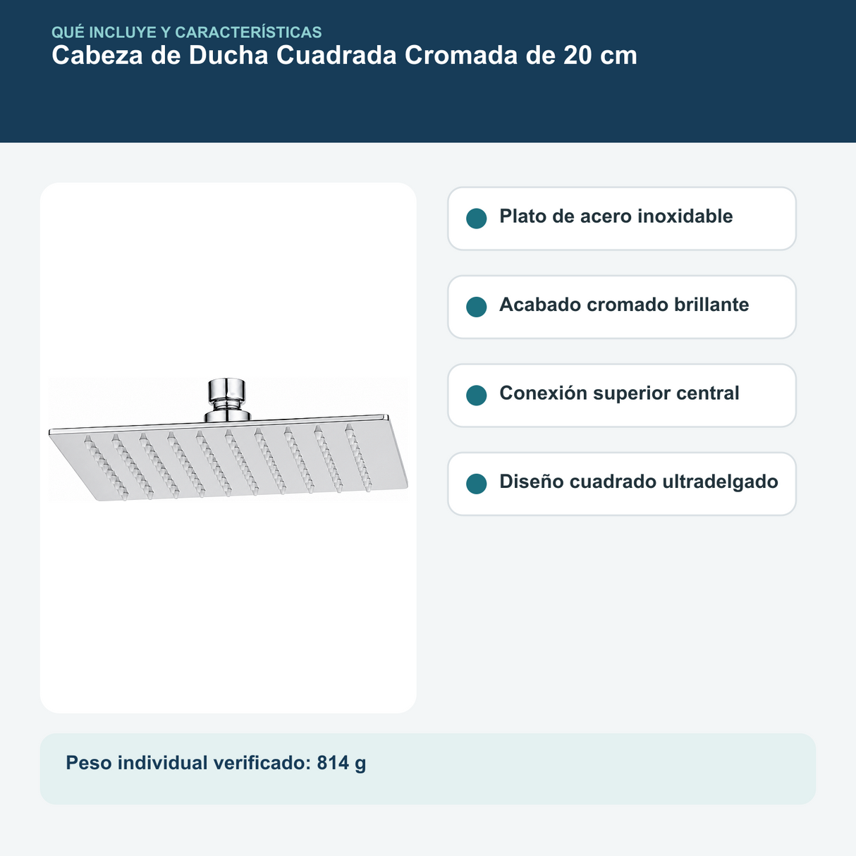 Contenido y características del cabezal de ducha cuadrado cromado de 20 cm