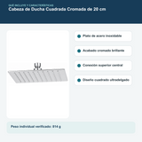 Contenido y características del cabezal de ducha cuadrado cromado de 20 cm