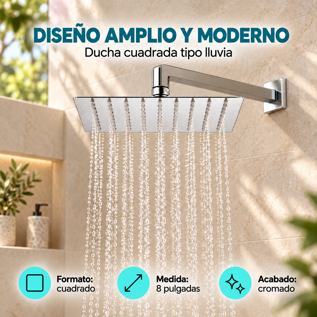 Ducha cuadrada Swertt cromada de 8 pulgadas, características
