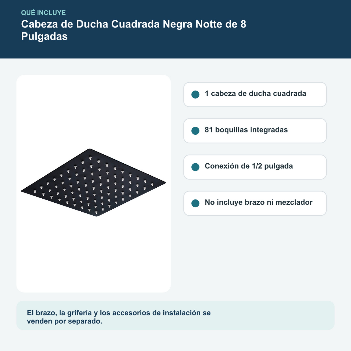 Contenido y características del cabeza de ducha cuadrada negra notte de 8 pulgadas