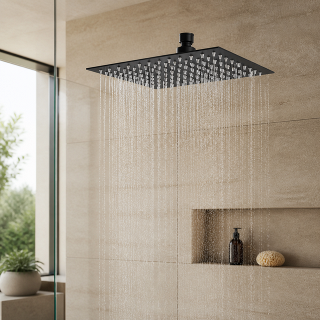Cabezal de Ducha Cuadrado Negro de 10 Pulgadas instalado en un ambiente moderno y bien iluminado