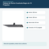 Medidas y datos verificados del cabezal de ducha cuadrado negro de 10 pulgadas