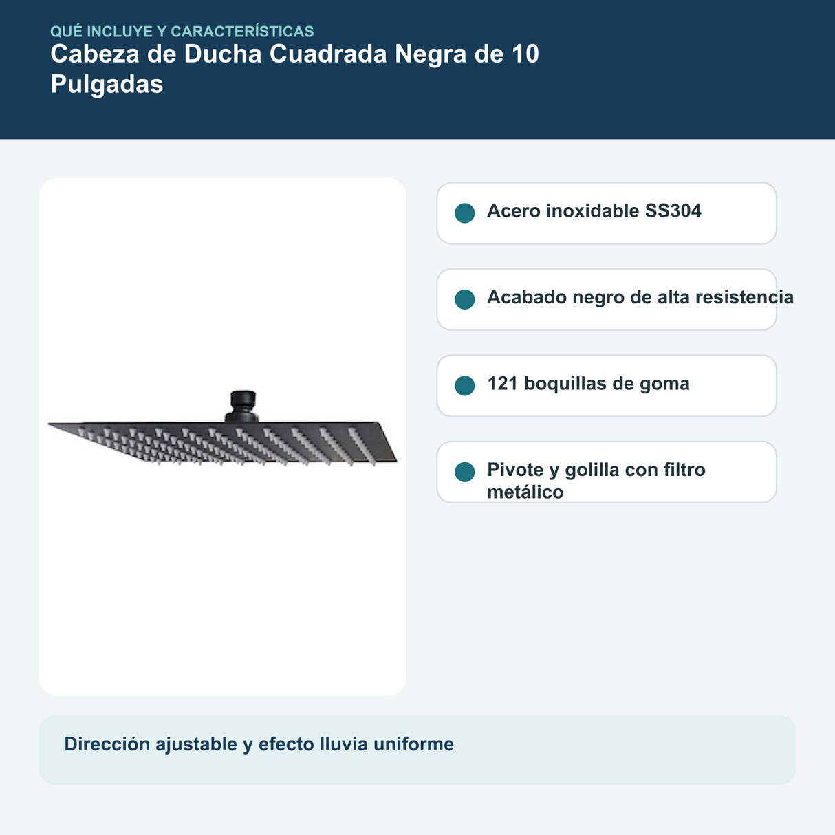 Contenido y características del cabezal de ducha cuadrado negro de 10 pulgadas