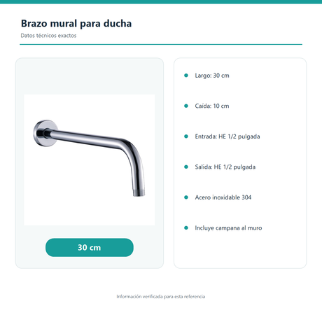 Brazo Mural para Ducha en Acero Inoxidable 304 de 30 cm