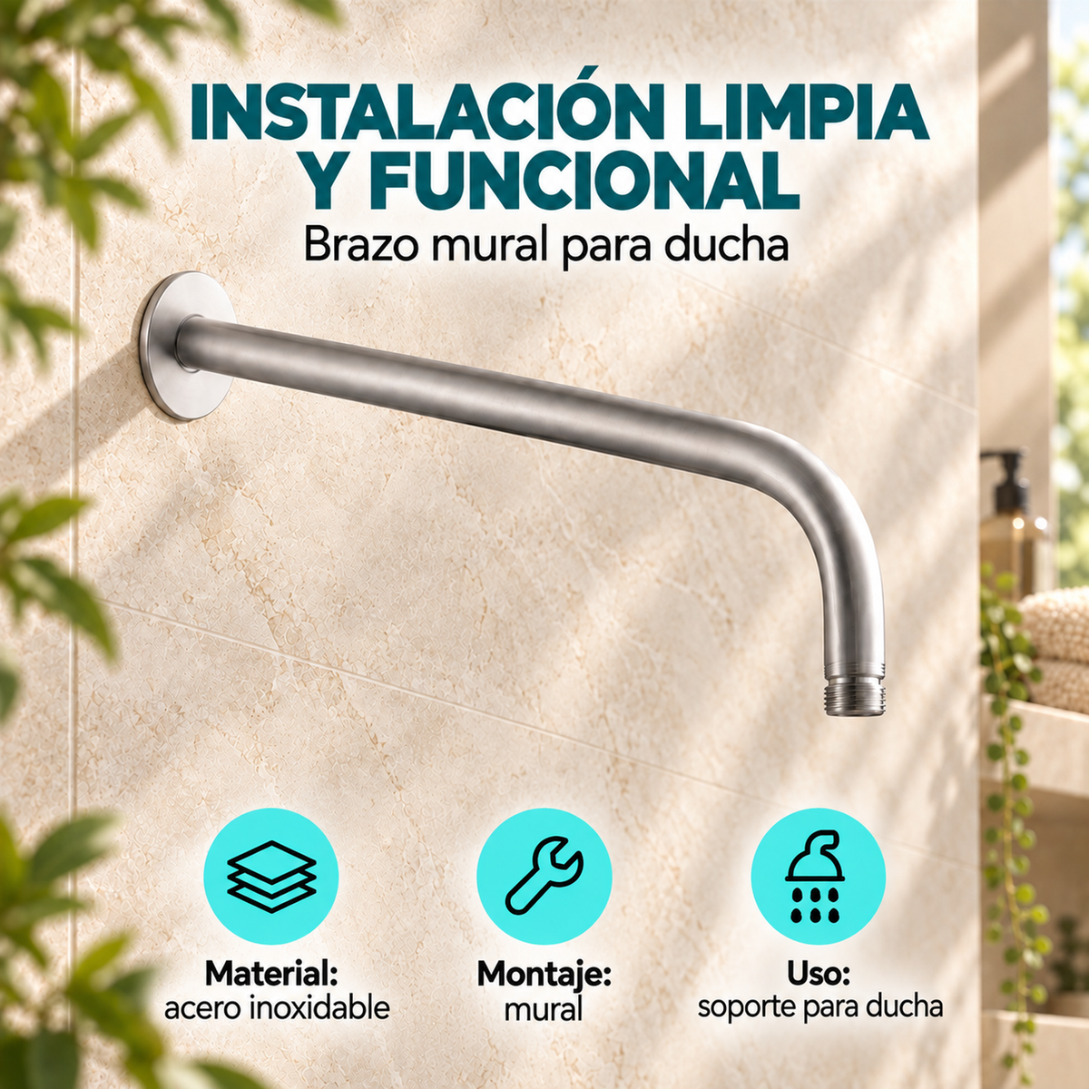 Brazo mural para ducha en acero inoxidable, características