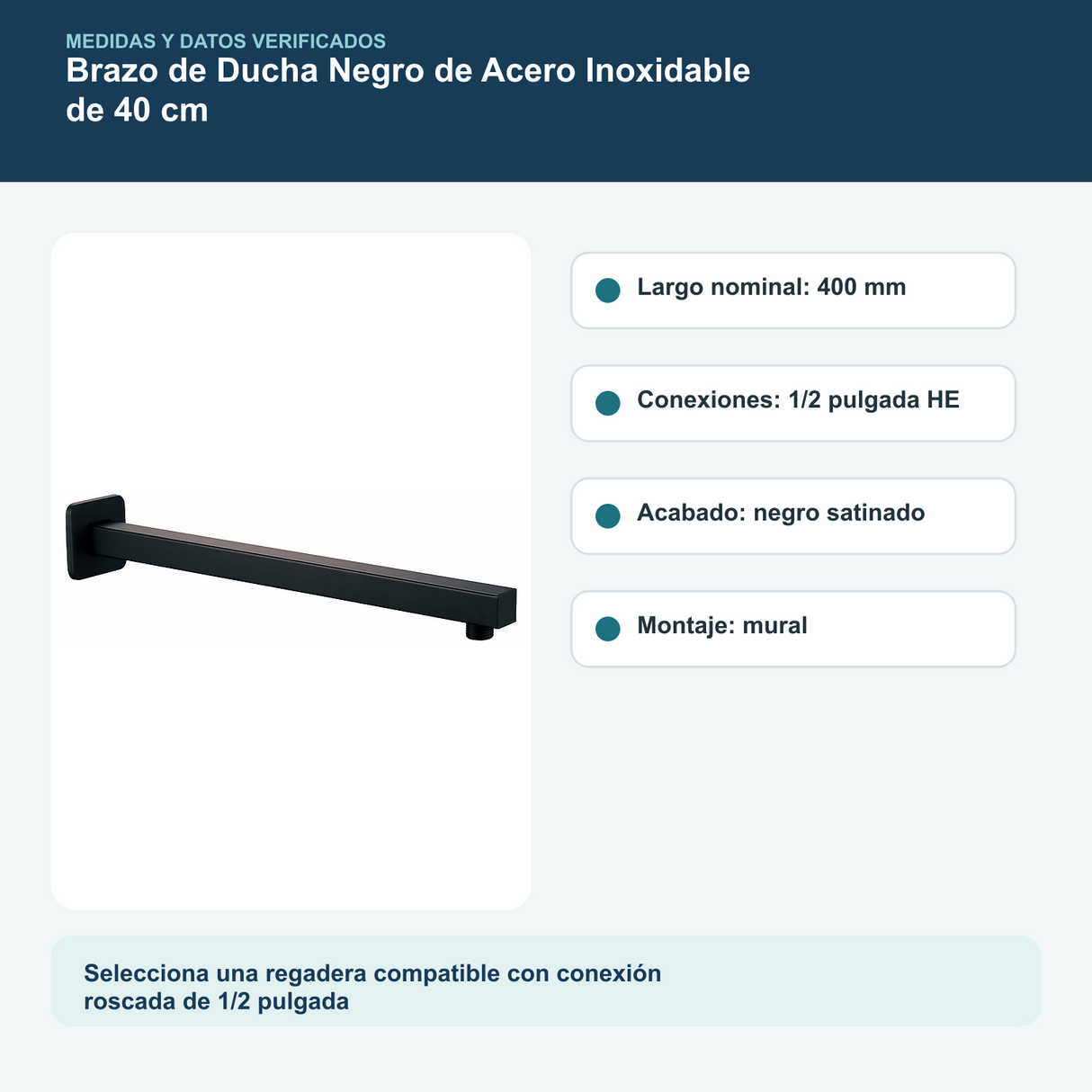 Medidas y datos verificados del brazo de ducha negro de acero inoxidable de 40 cm