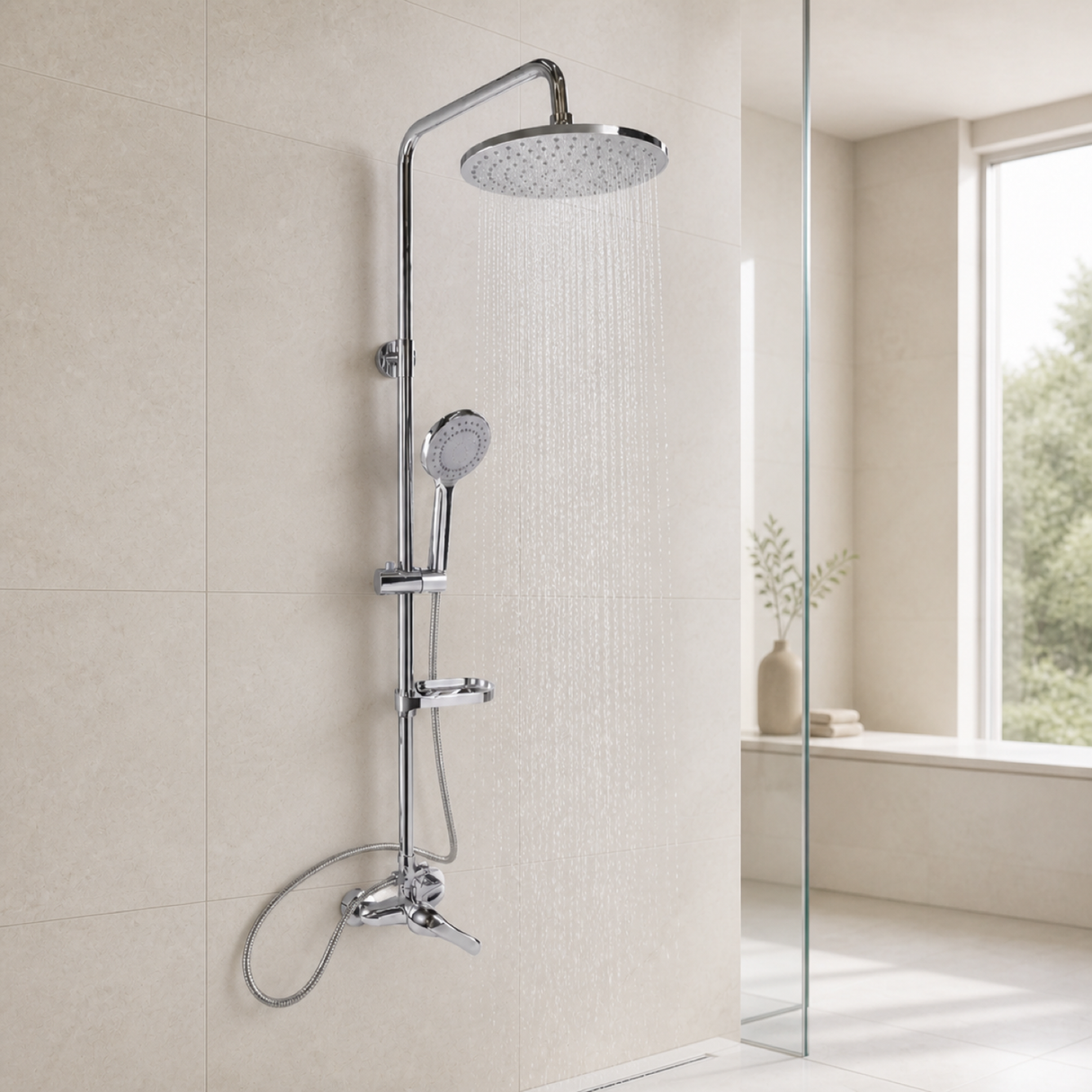 Columna de ducha circular cromada instalada en baño claro con agua desde el plato superior