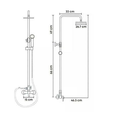 Croquis técnico de columna de ducha circular con medidas