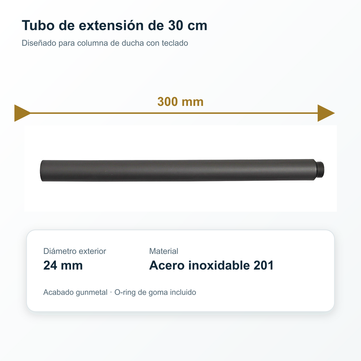 Medidas del tubo de extensión gunmetal de 300 por 24 milímetros