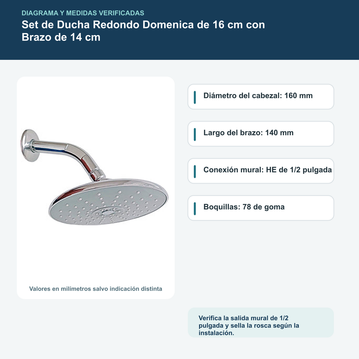 Diagrama o datos verificados del set de ducha redondo domenica de 16 cm con brazo de 14 cm