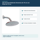 Contenido y características del set de ducha redondo domenica de 16 cm con brazo de 14 cm