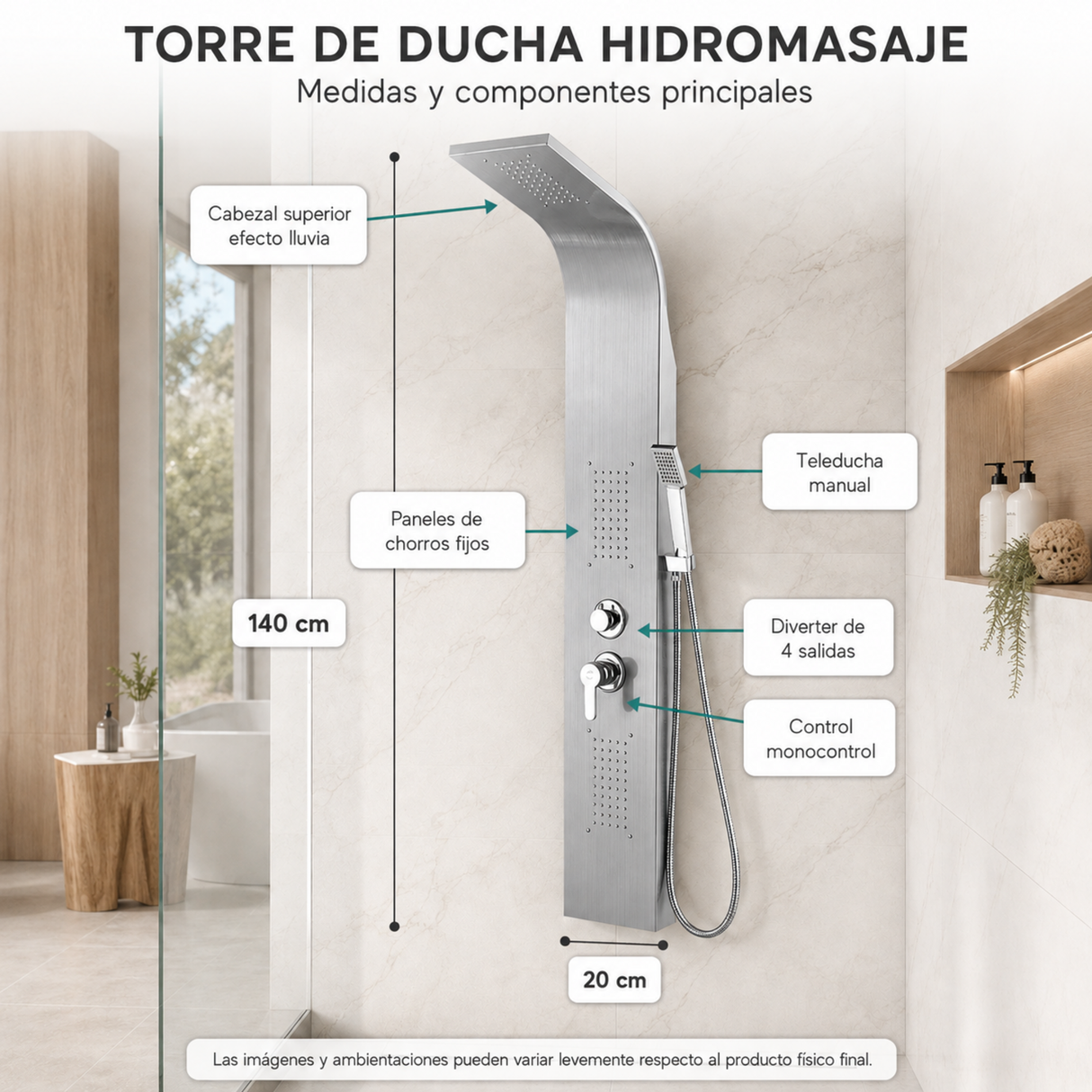 Torre de Ducha Fuscher en Acero Inoxidable 304 de 140 cm - imagen 2