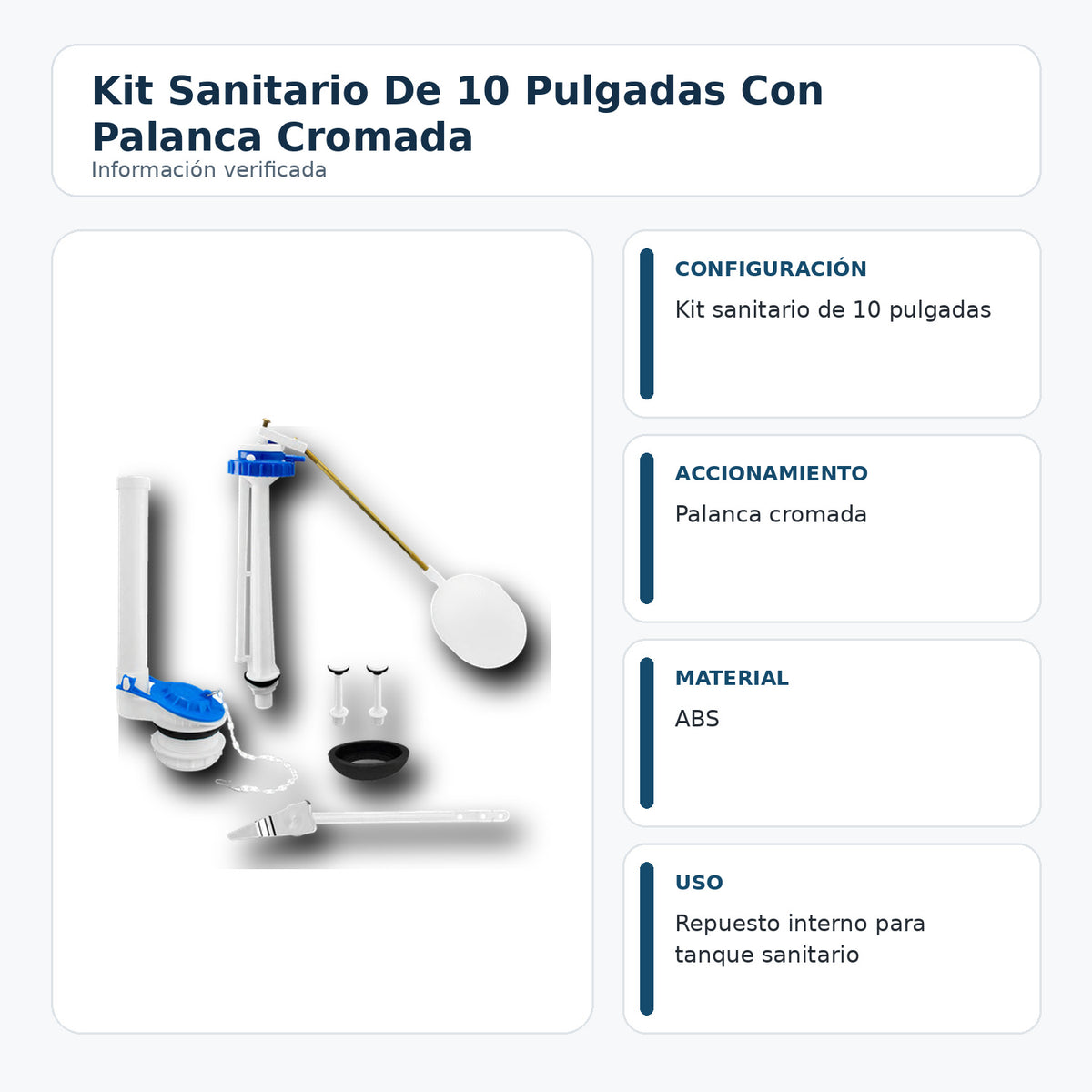 Componentes e información de kit sanitario de 10 pulgadas con palanca cromada