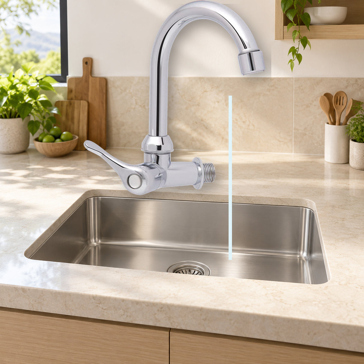 D405: producto instalado sobre lavaplatos con agua saliendo