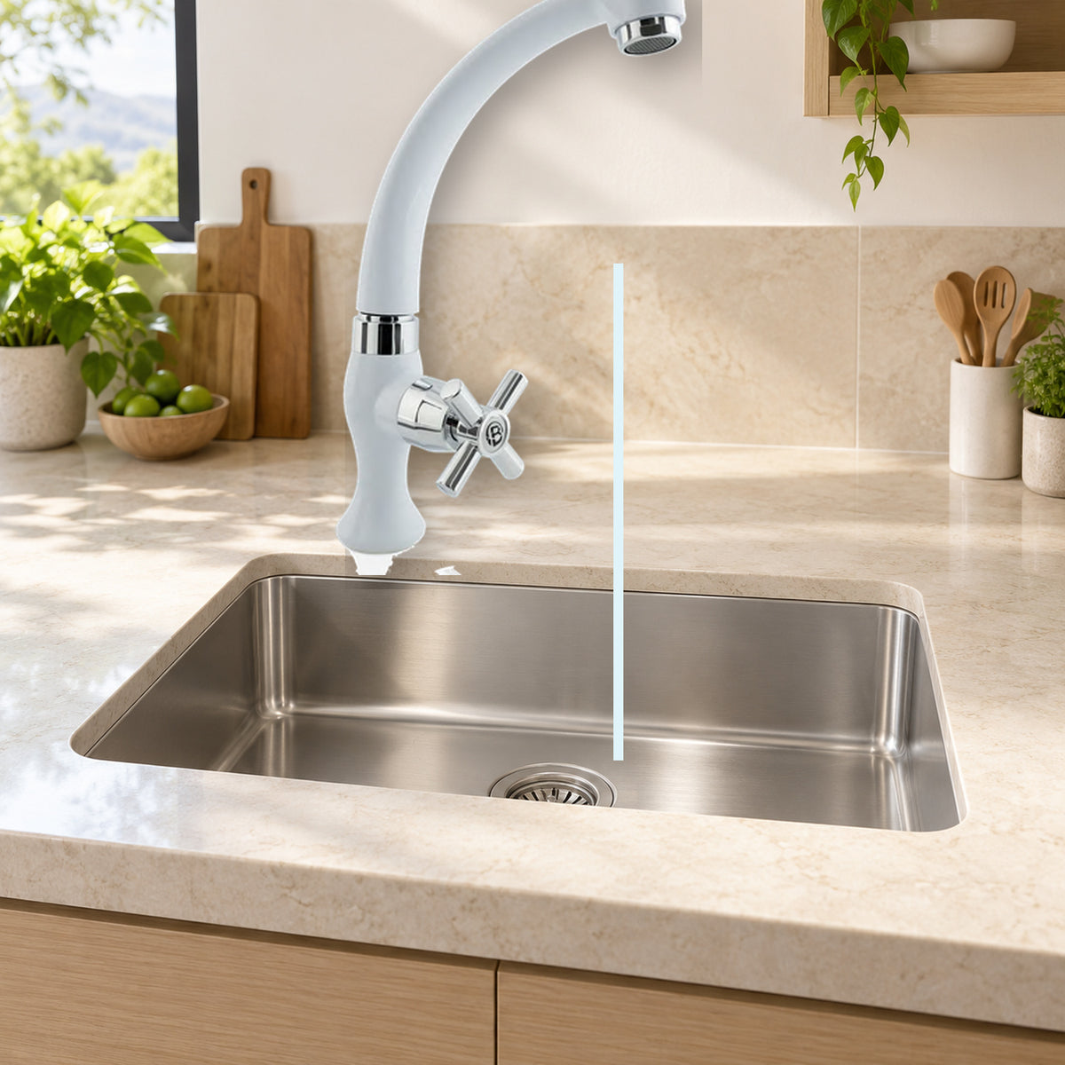 FA12161: producto instalado sobre lavaplatos con agua saliendo
