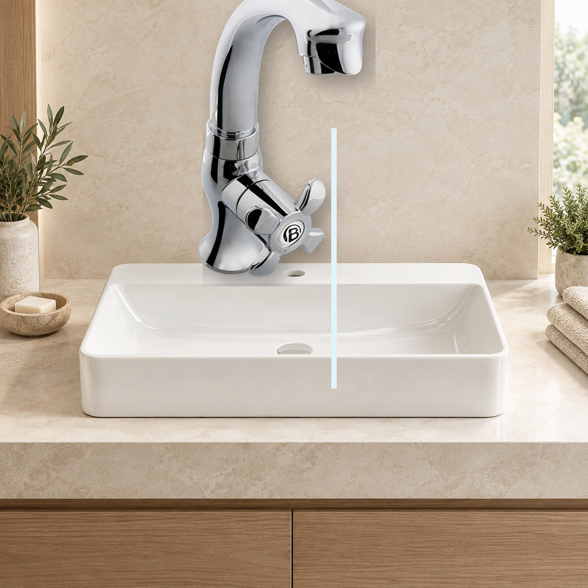 producto instalado sobre lavamanos con agua saliendo