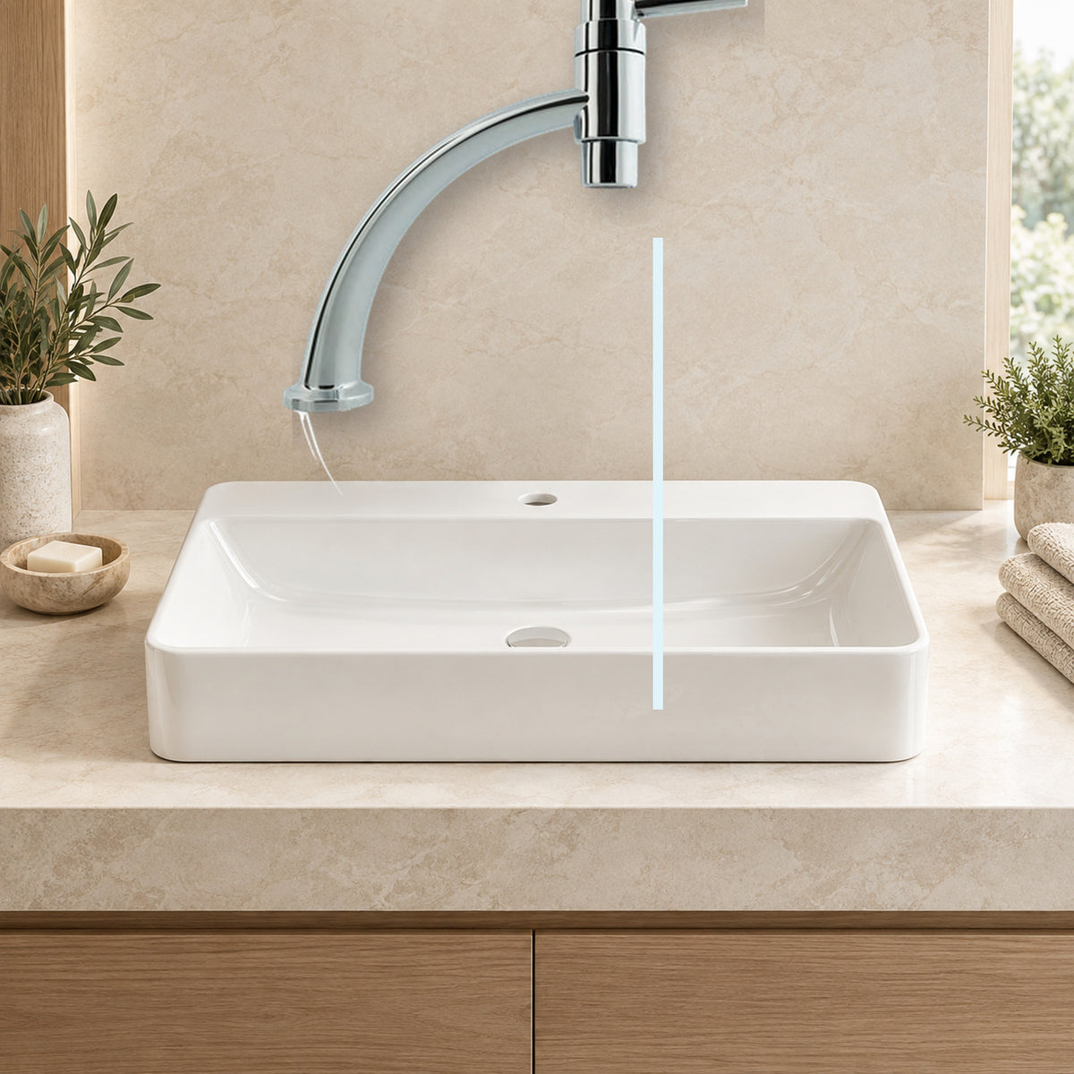 producto instalado sobre lavamanos con agua saliendo