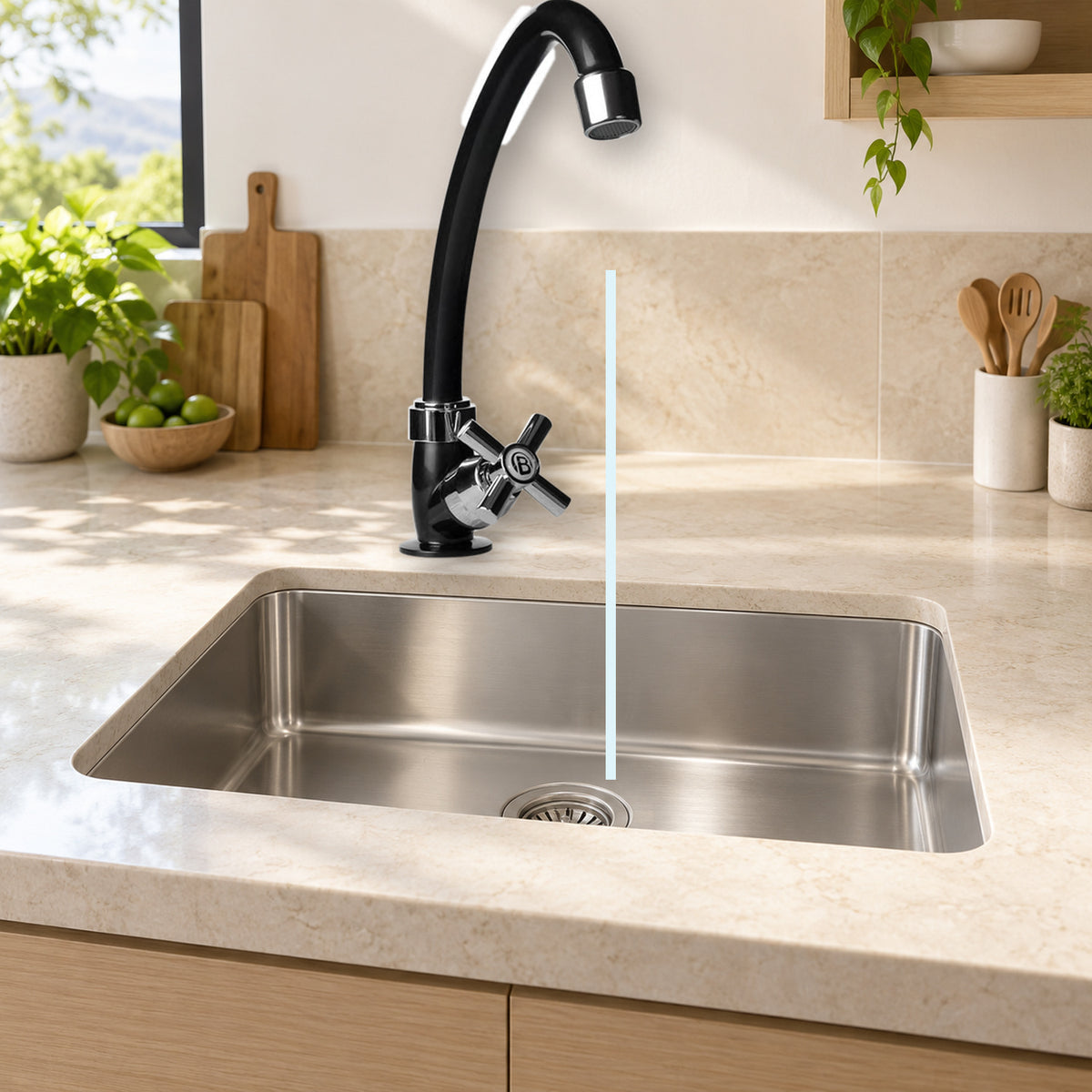 FA24104: producto instalado sobre lavaplatos con agua saliendo