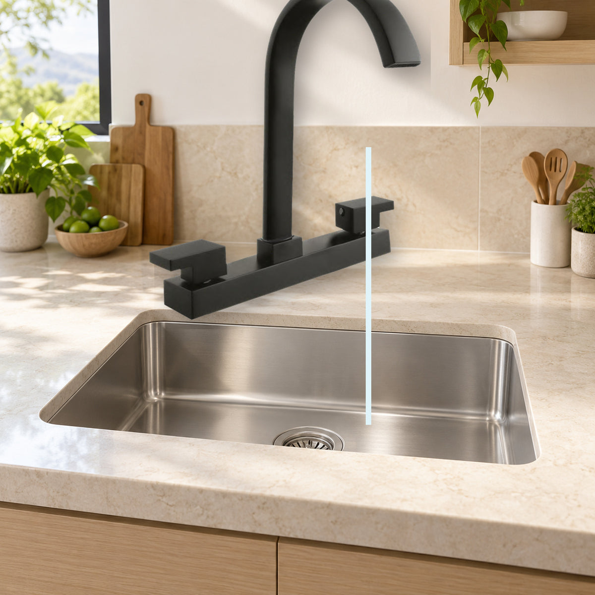 FA25024: producto instalado sobre lavaplatos con agua saliendo