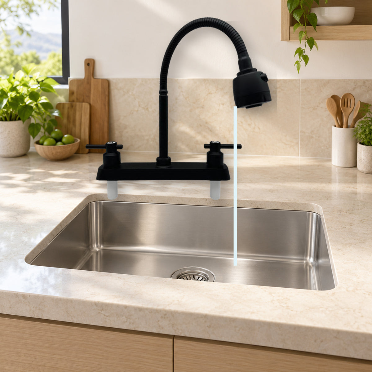 FA25035: producto instalado sobre lavaplatos con agua saliendo