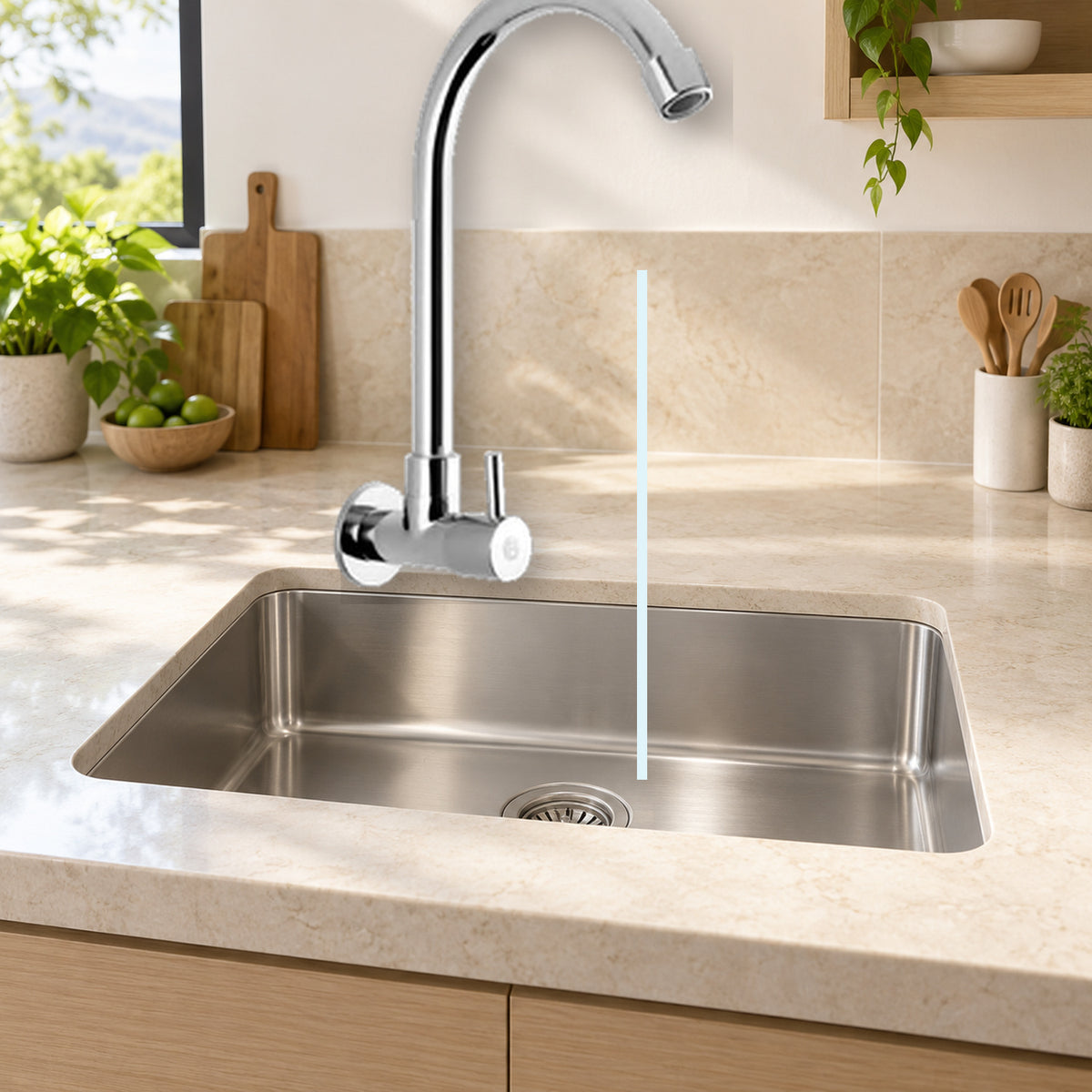FD-2207H: producto instalado sobre lavaplatos con agua saliendo