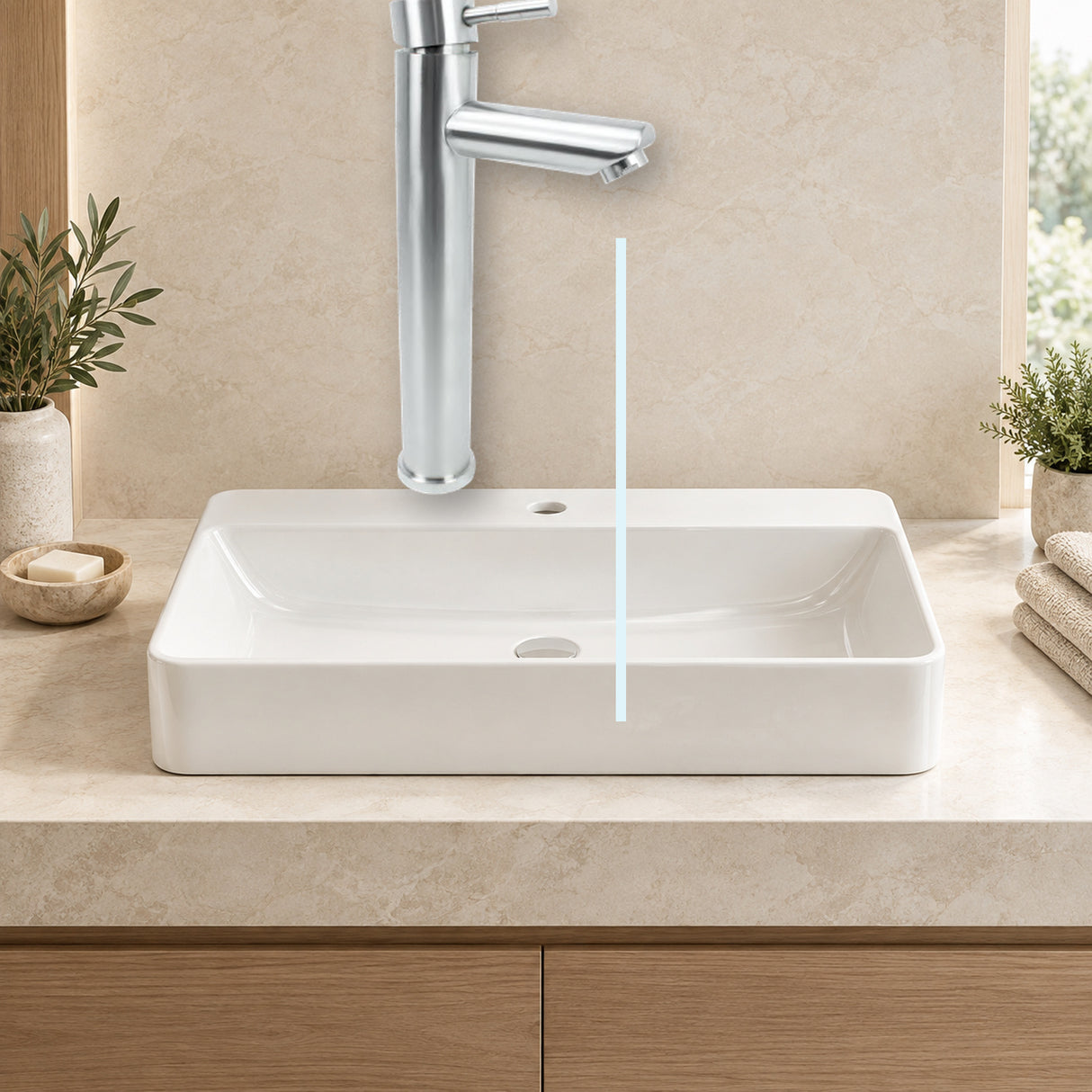 H-F2002: producto instalado sobre lavamanos con agua saliendo