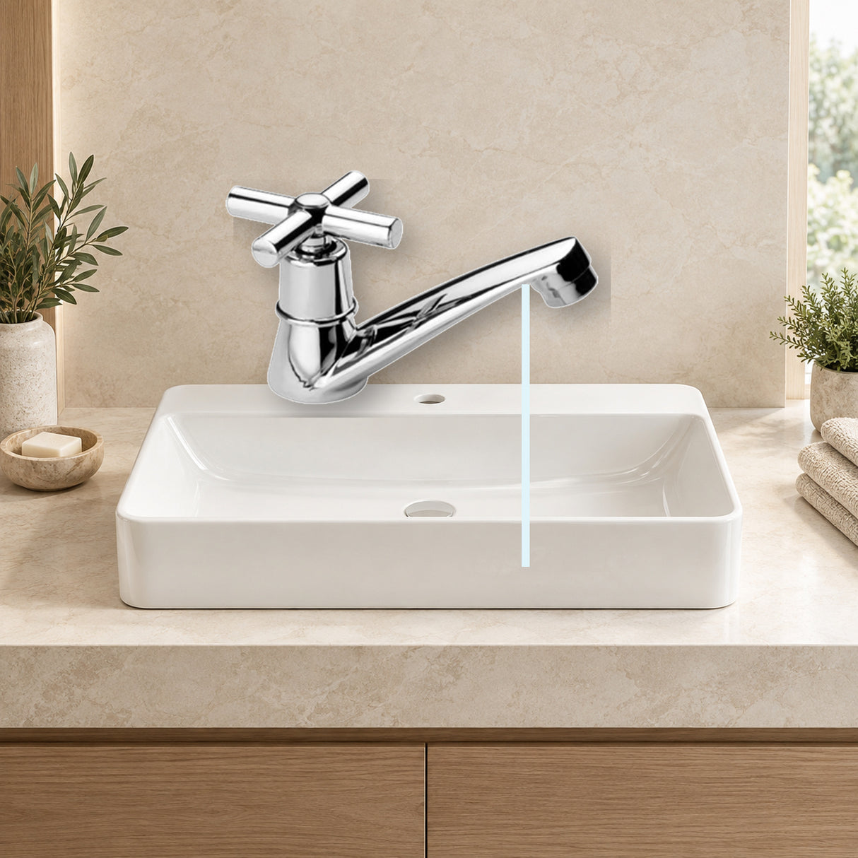 JYN112M: producto instalado sobre lavamanos con agua saliendo