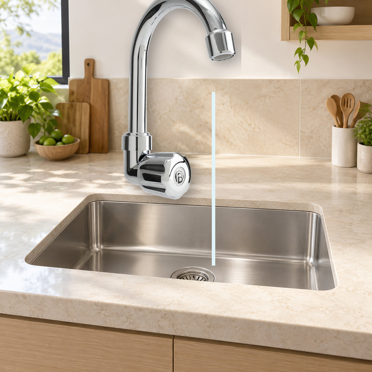 JYN114: producto instalado sobre lavaplatos con agua saliendo