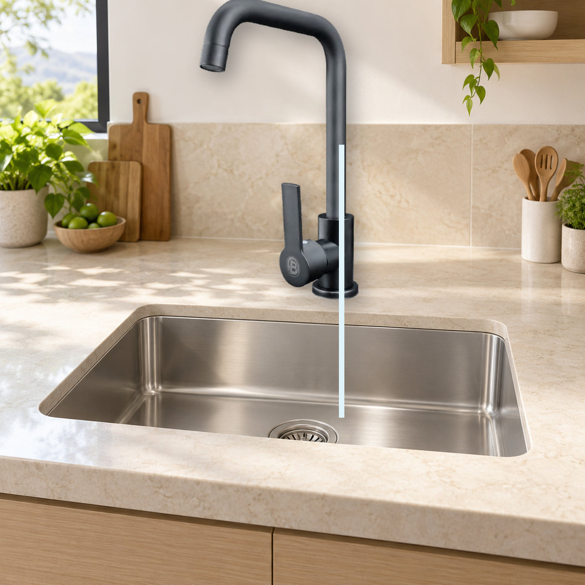 YW107-07: producto instalado sobre lavaplatos con agua saliendo
