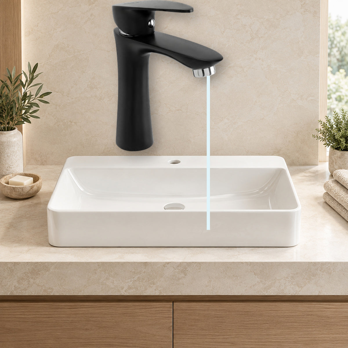 producto instalado sobre lavamanos con agua saliendo