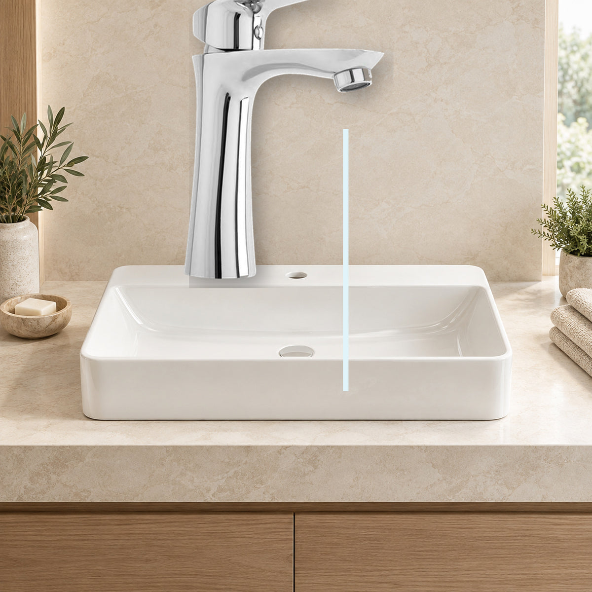 producto instalado sobre lavamanos con agua saliendo