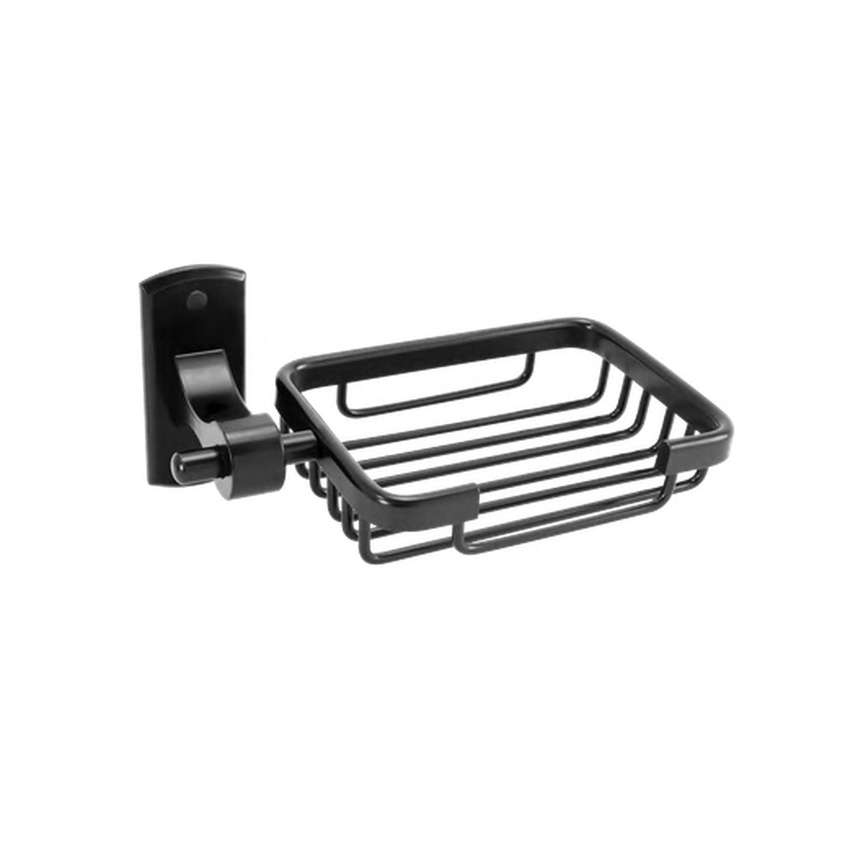 Jabonera de rejilla en aluminio negro sobre fondo blanco