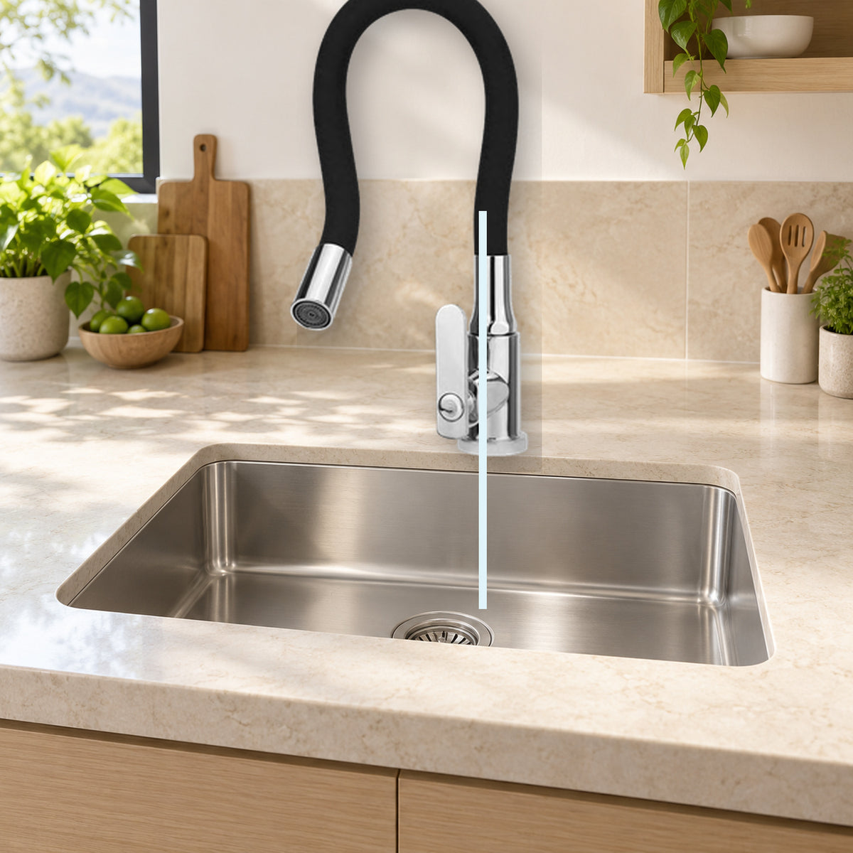 YW156-07: producto instalado sobre lavaplatos con agua saliendo