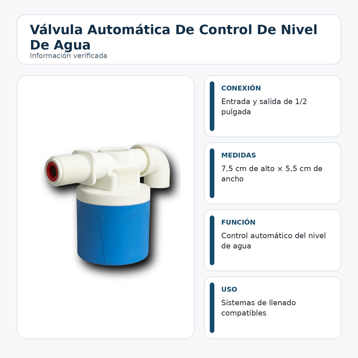 Conexión y medidas de válvula automática de control de nivel de agua