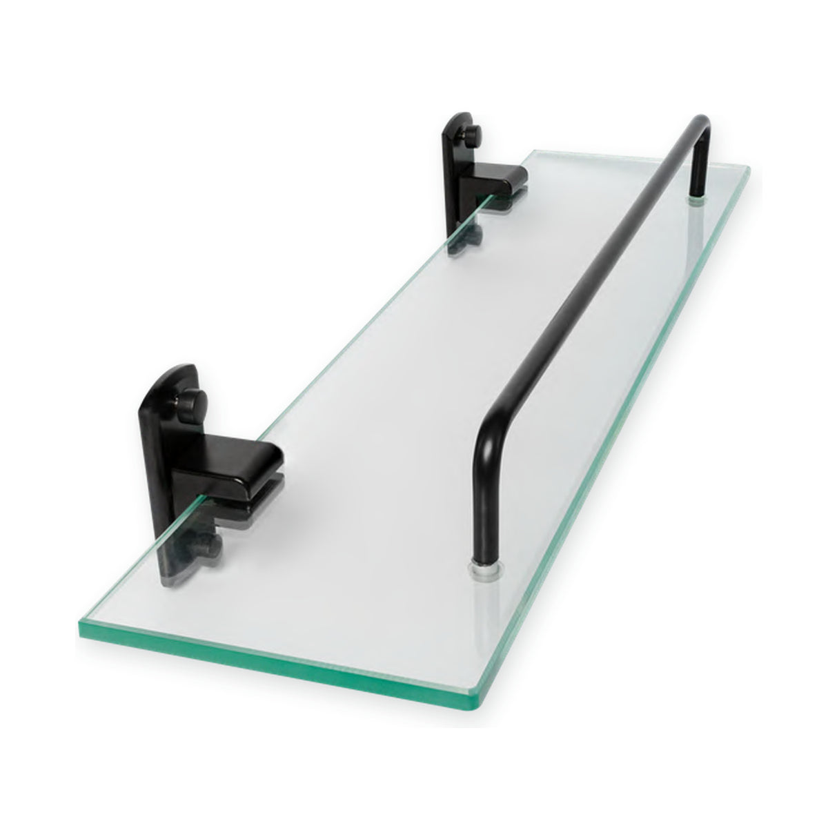 Repisa de vidrio con soportes negros de aluminio vista individual completa sobre fondo blanco