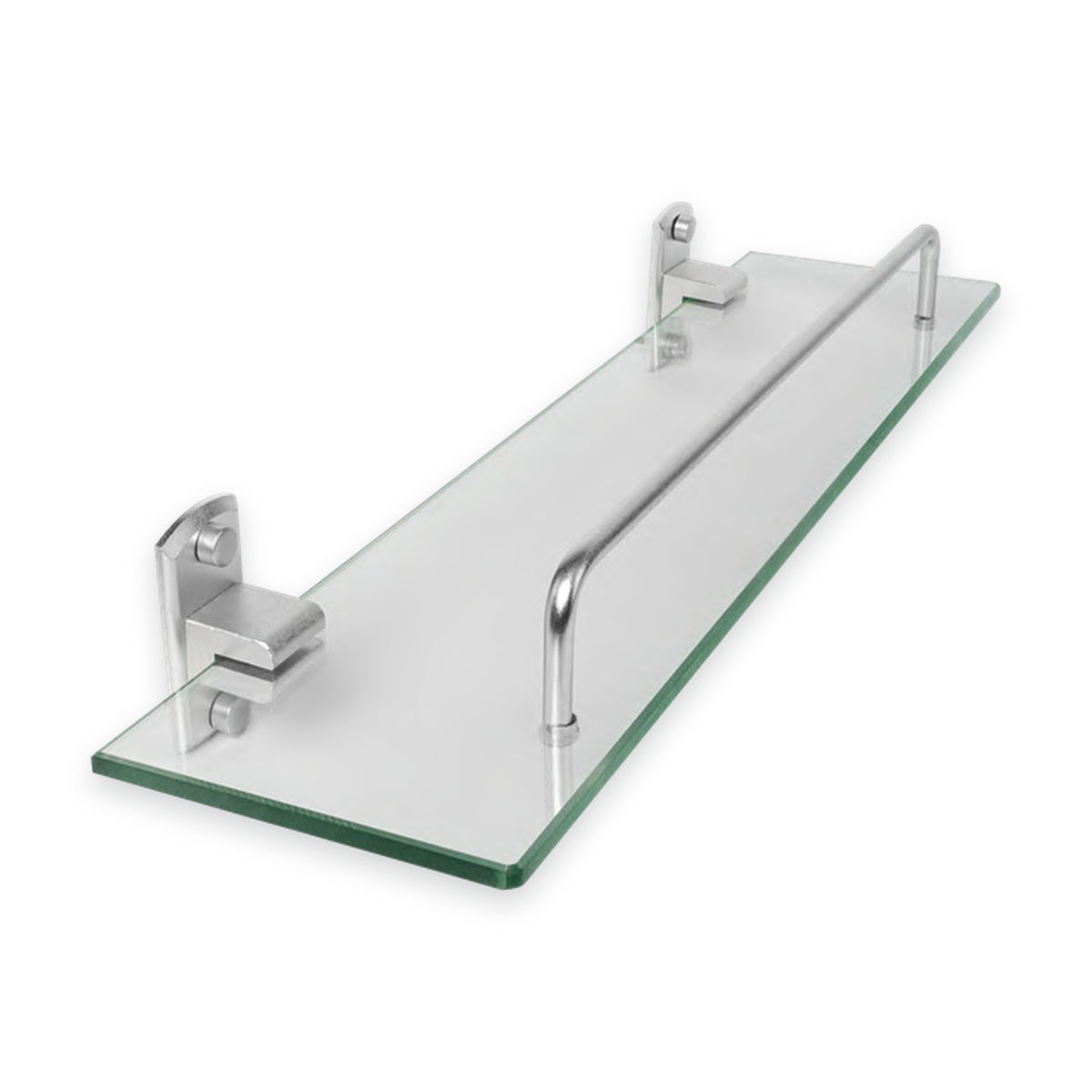Repisa de vidrio con soportes de aluminio plateado sobre fondo blanco