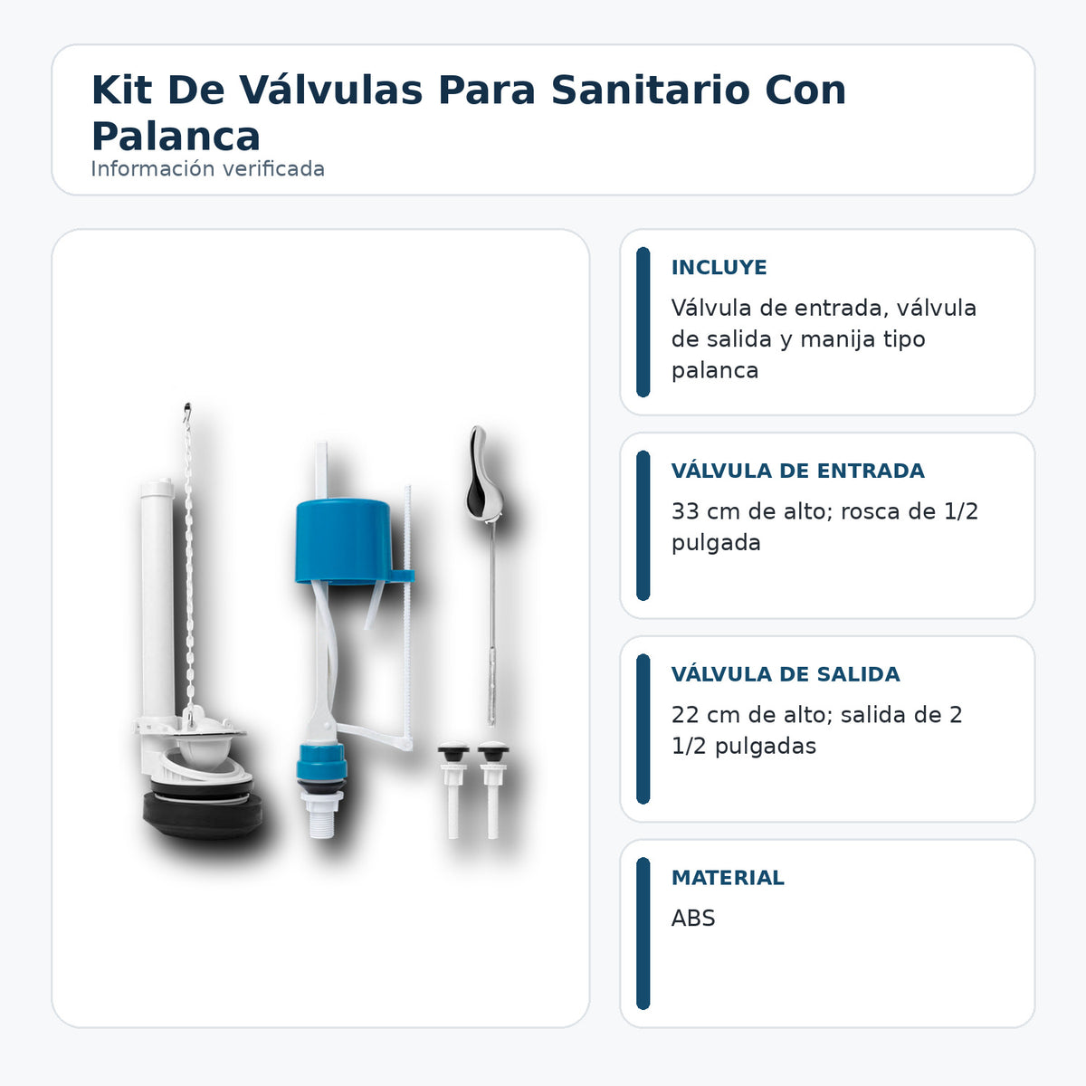 Componentes y medidas de kit de válvulas para sanitario con palanca