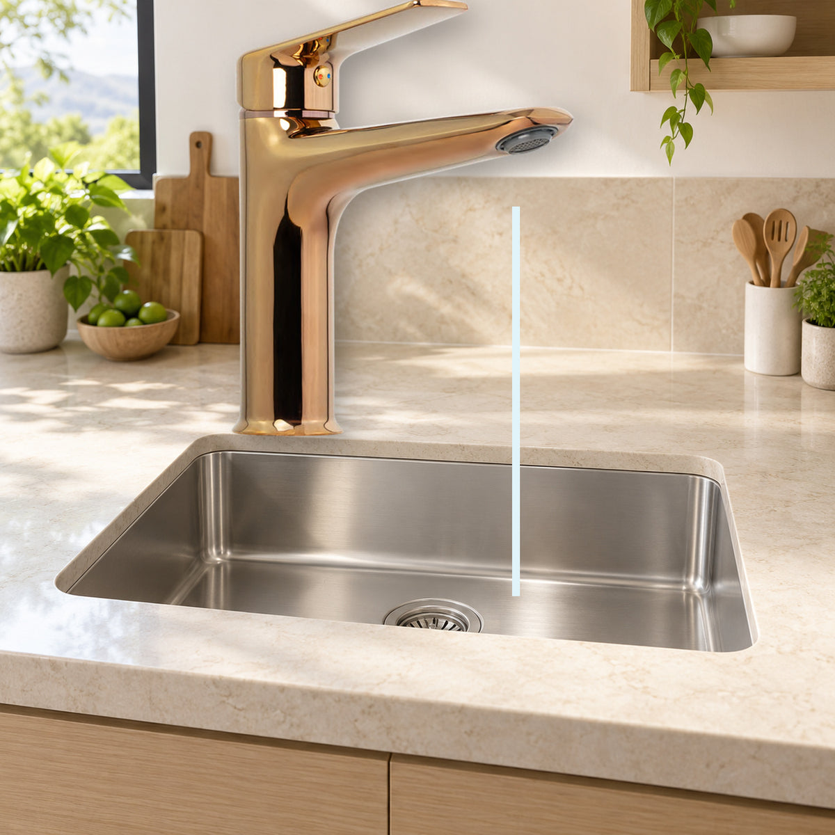 YW592-07: producto instalado sobre lavaplatos con agua saliendo