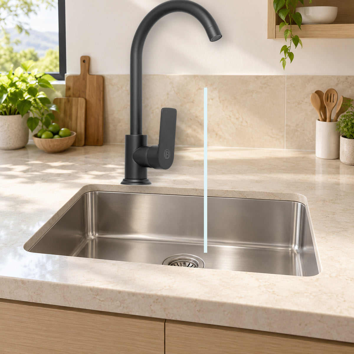 YW596-07: producto instalado sobre lavaplatos con agua saliendo