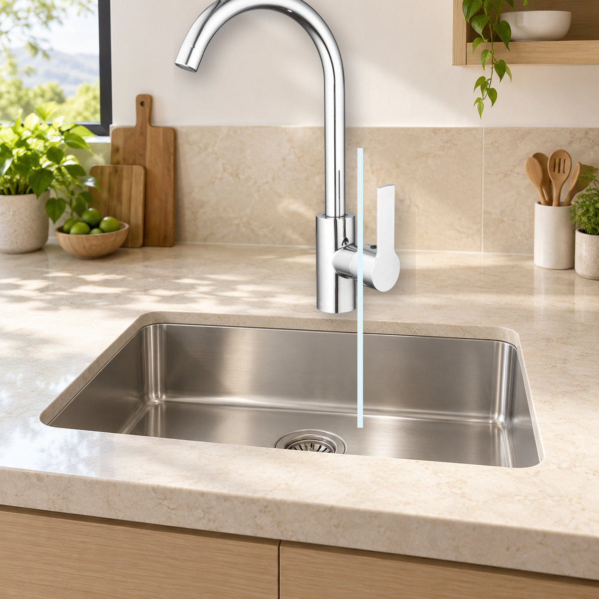 YW596-13: mezclador instalado sobre lavaplatos con agua saliendo