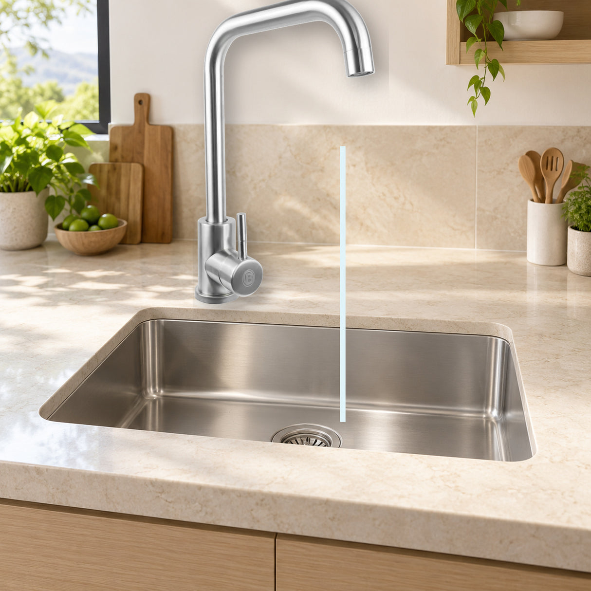 YW600: mezclador instalado sobre lavaplatos con agua saliendo