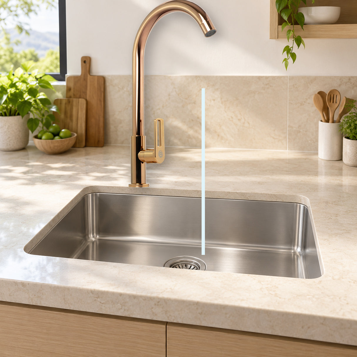 YW603-13: producto instalado sobre lavaplatos con agua saliendo