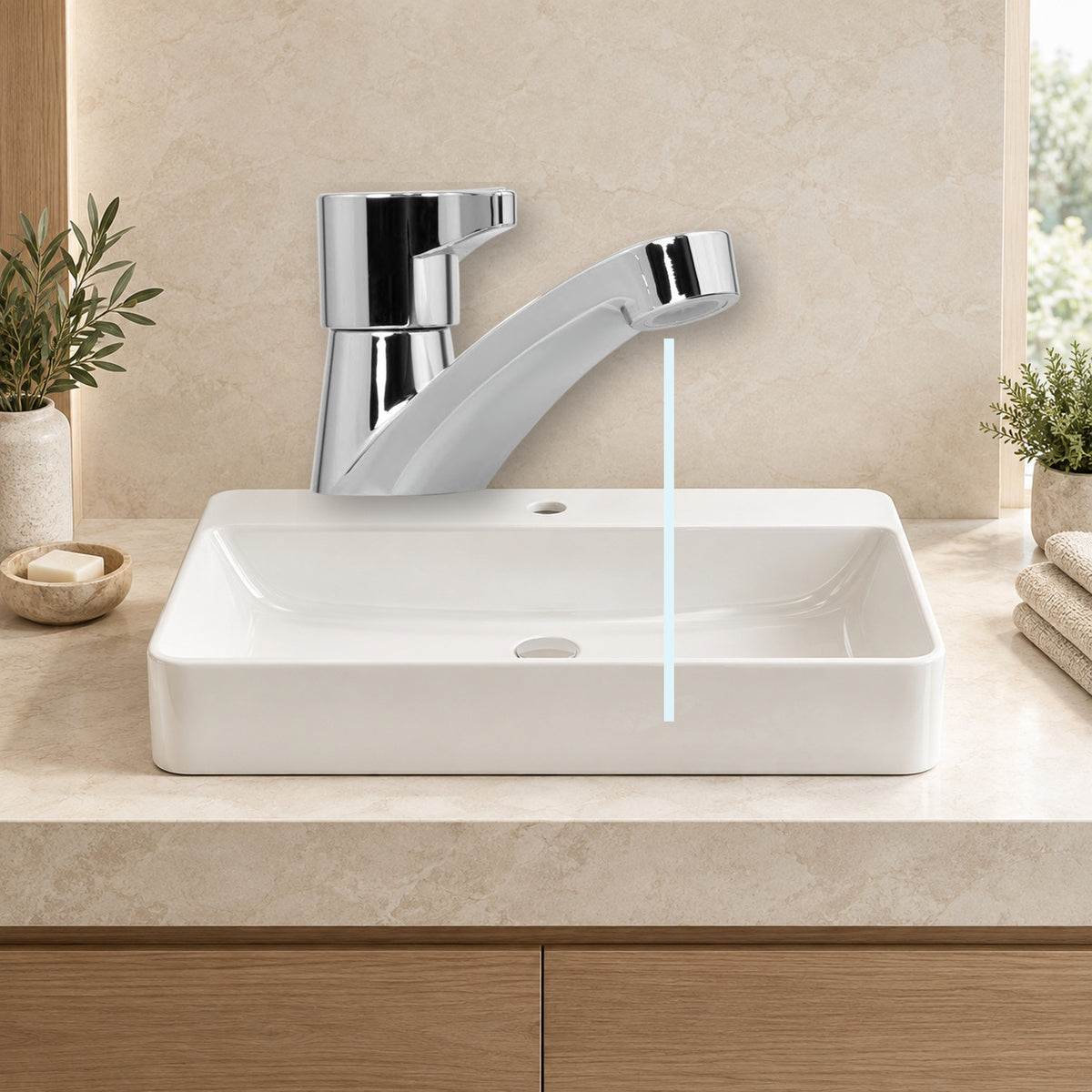 YW607: producto instalado sobre lavamanos con agua saliendo