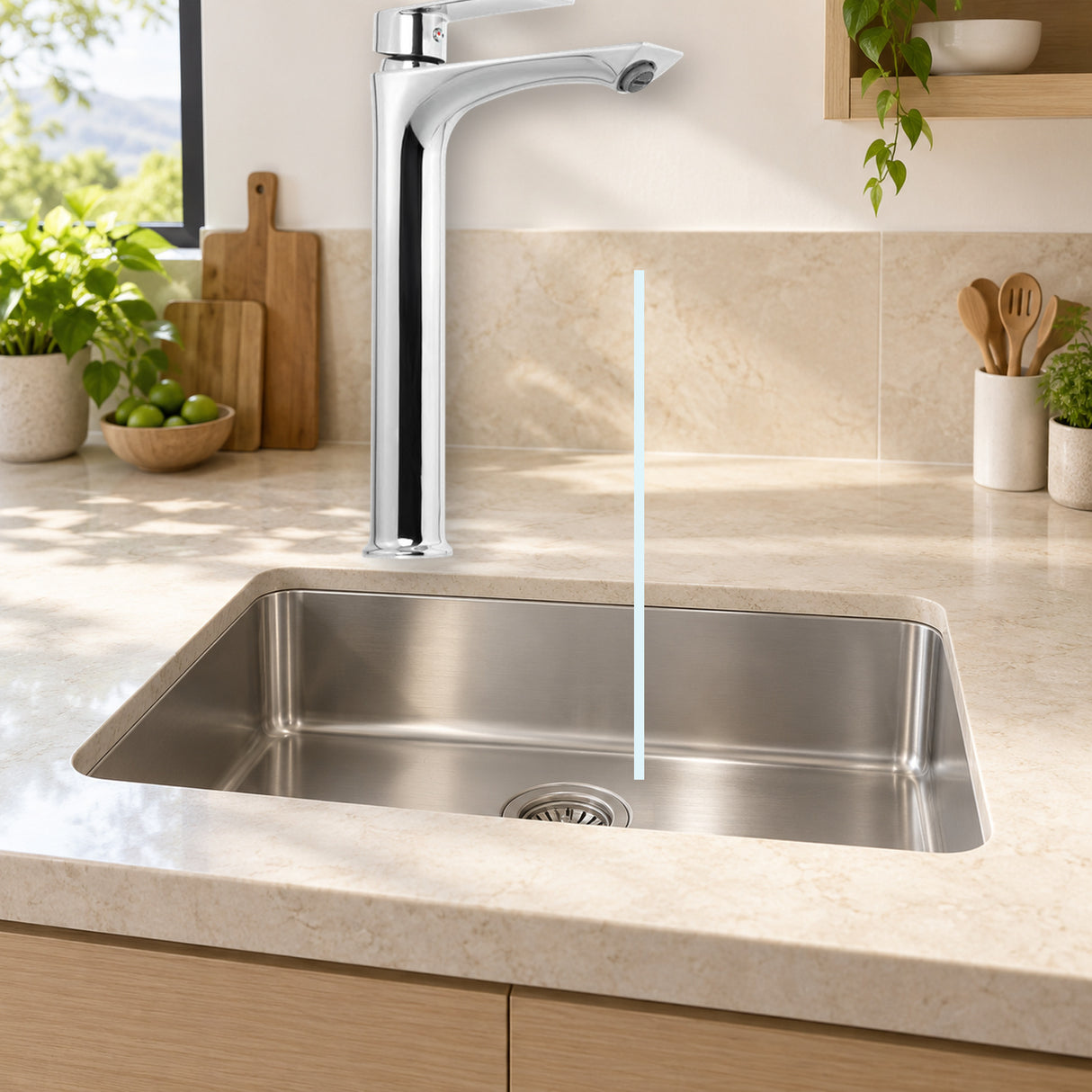 YW611-13: producto instalado sobre lavaplatos con agua saliendo