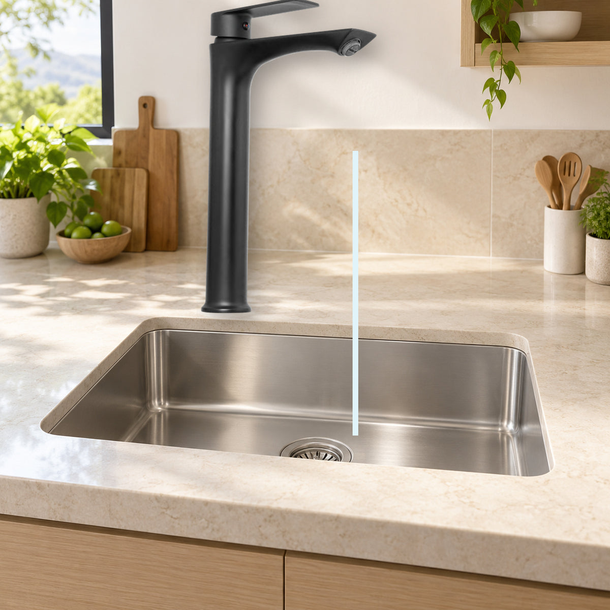 YW612-13: producto instalado sobre lavaplatos con agua saliendo