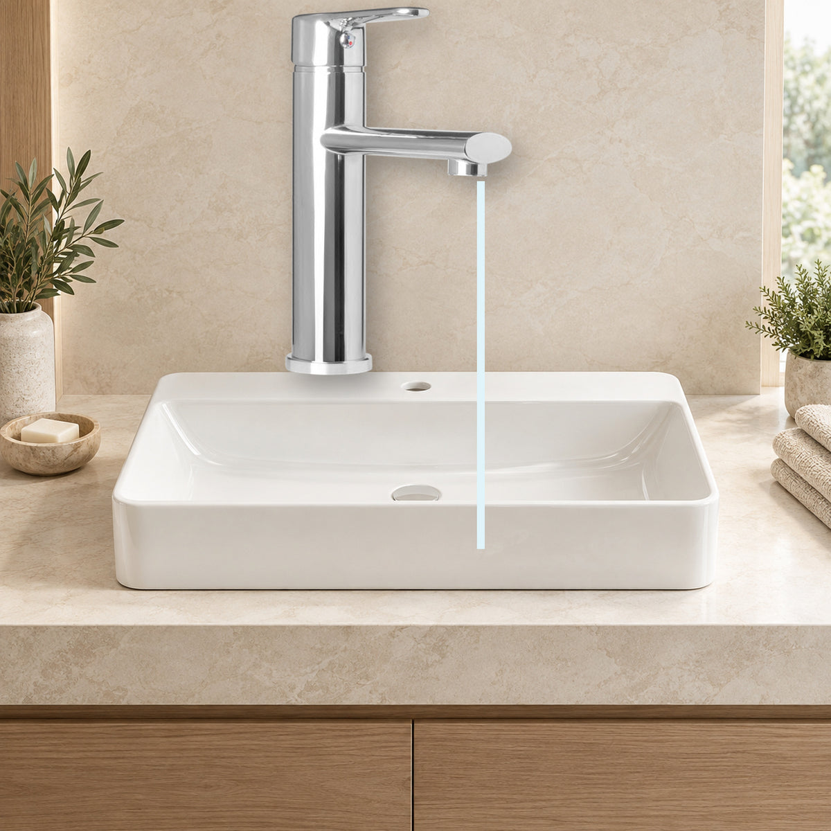 YW616: producto instalado sobre lavamanos con agua saliendo