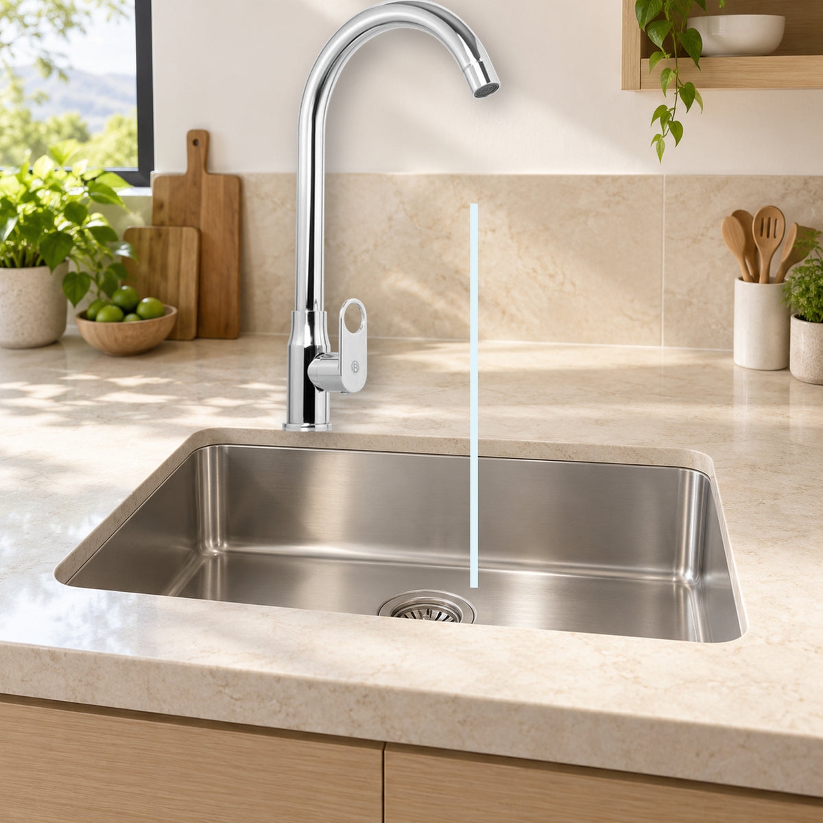YW625-11: producto instalado sobre lavaplatos con agua saliendo