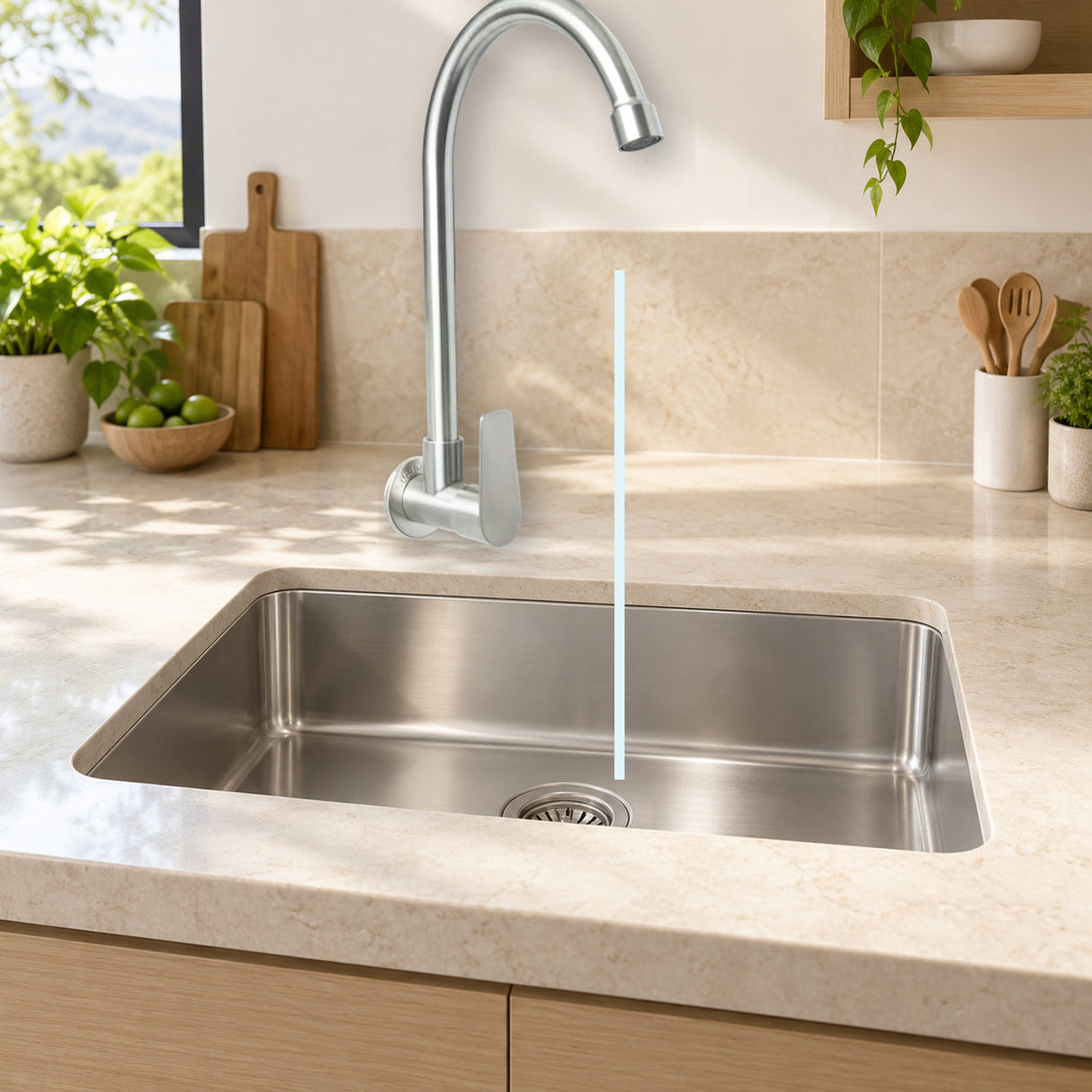 YW626: producto instalado sobre lavaplatos con agua saliendo