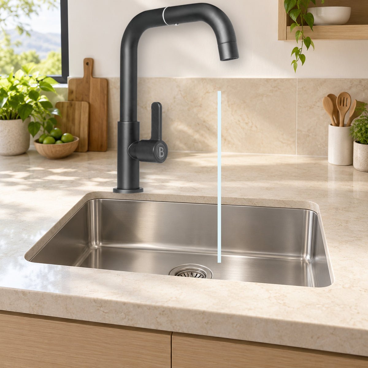 YW627-11: producto instalado sobre lavaplatos con agua saliendo
