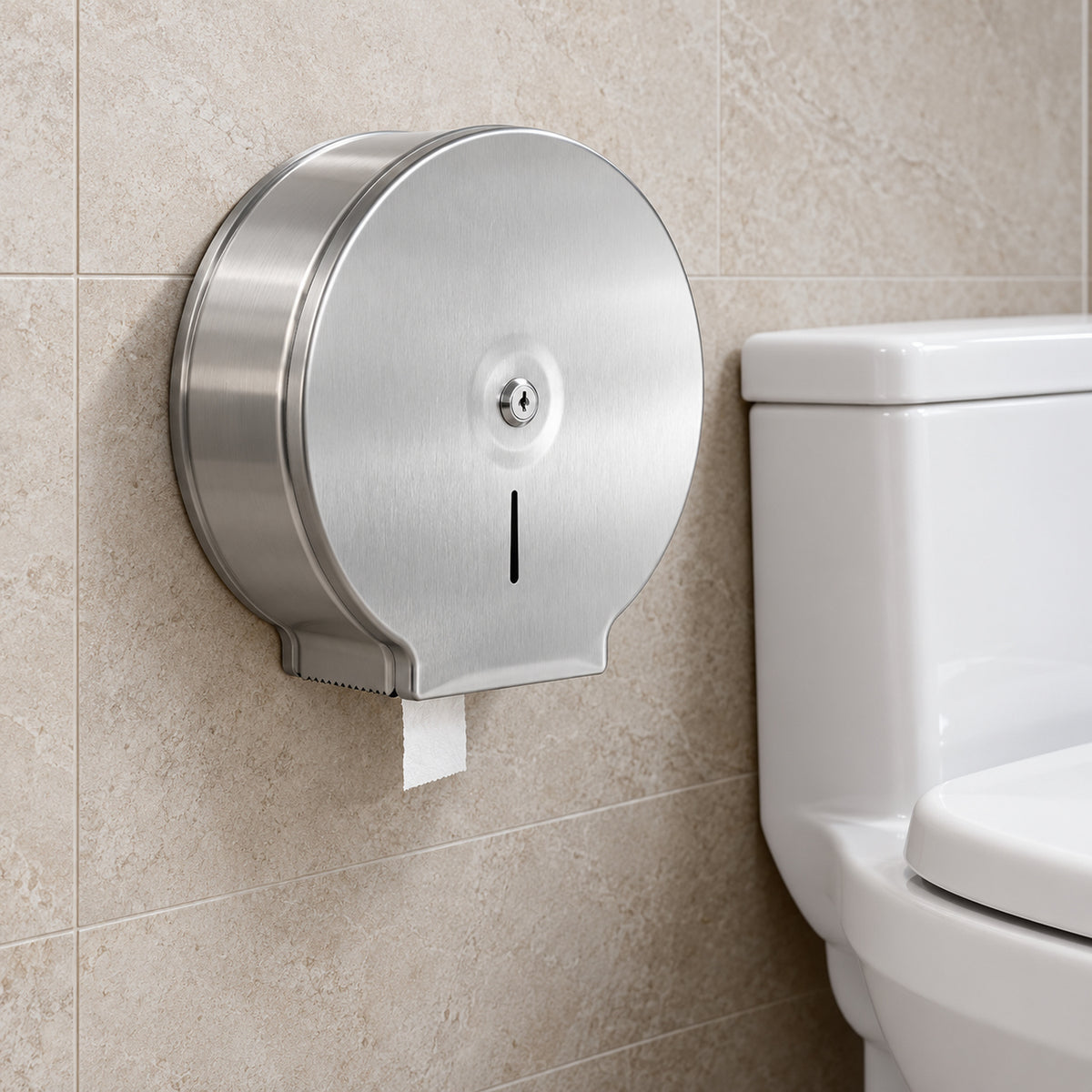 Dispensador circular de papel higiénico en acero satinado instalado junto al sanitario